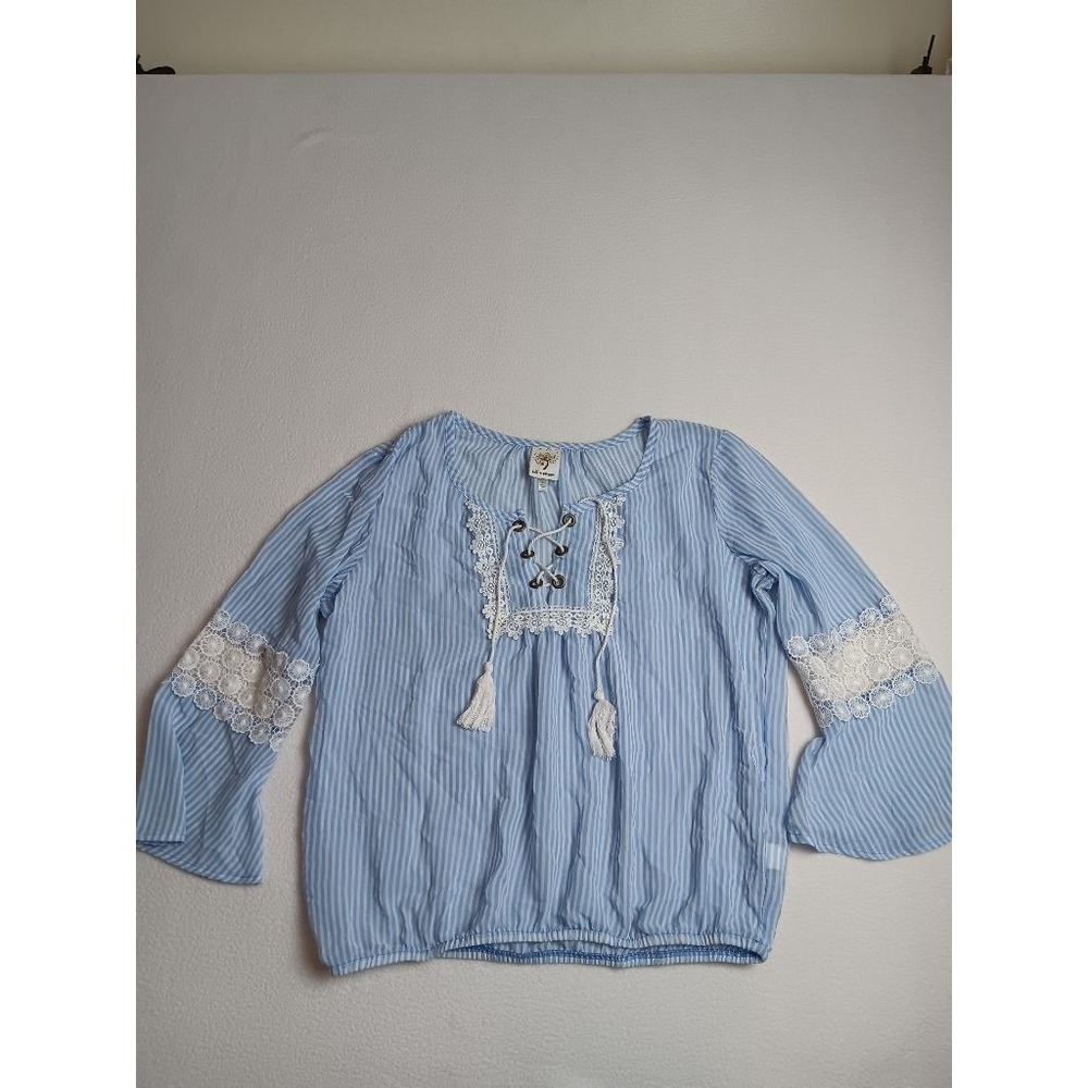 Self Esteem Womens L Blue White Striped Boho Peasant Blouse Lace Up Tassel Top